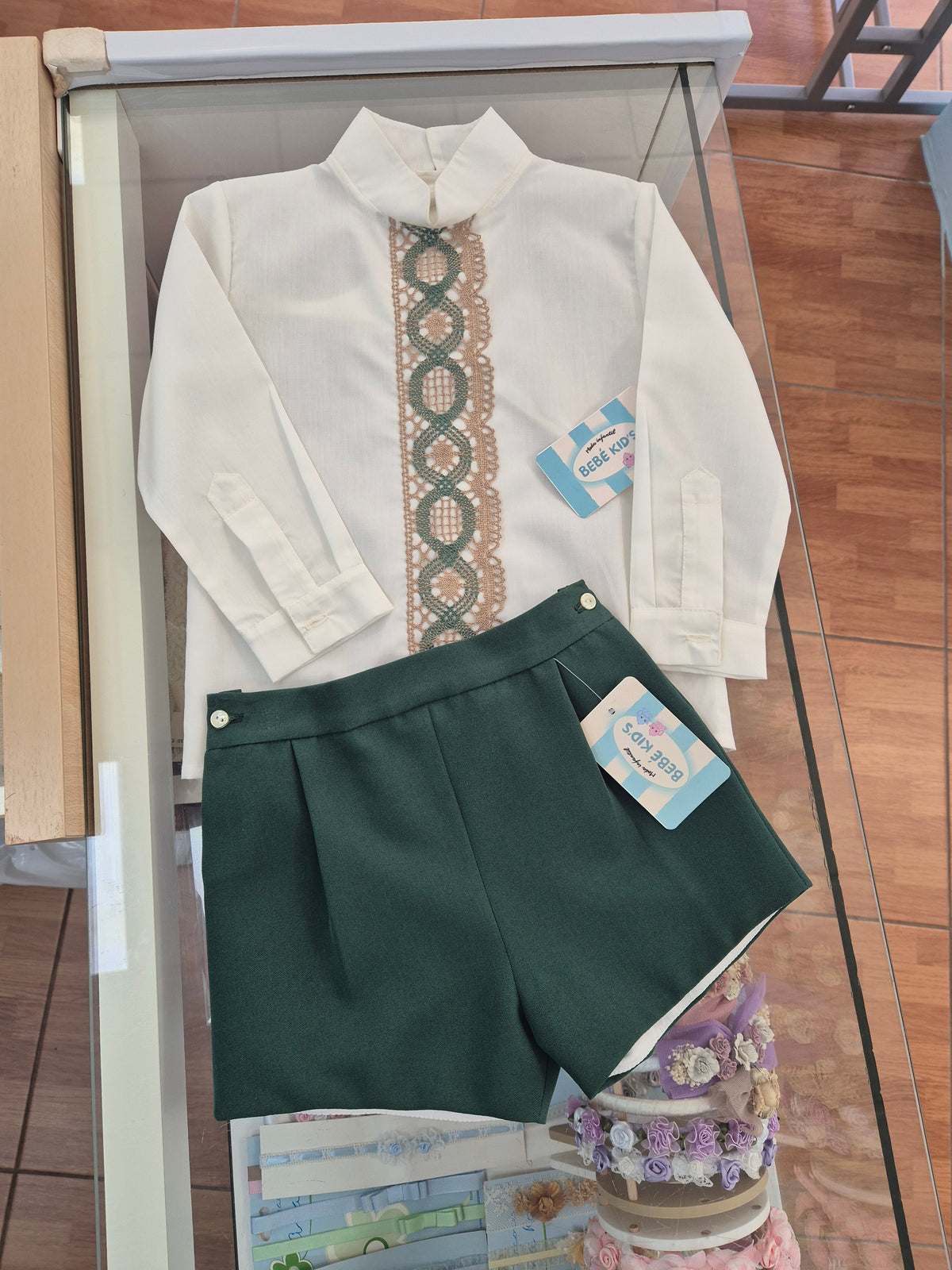 Conjunto pinocho y camisa adornada Gala Azul y verde botella